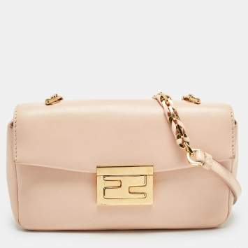 Pre Owned Fendi Peach Leather Mini Be Baguette Flap Shoulder Bag