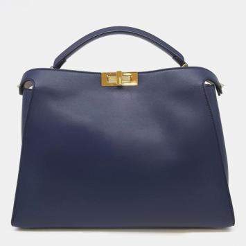 Pre Owned Fendi Navy Blue Leather Peekaboo Essentially Large Top Handle Bag