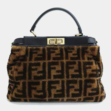 Pre Owned Fendi Brown Shearling Peekaboo Regular Handbag