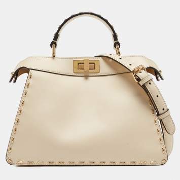 Pre Owned Fendi Light Beige Leather Small Peekaboo ISeeU Top Handle Bag