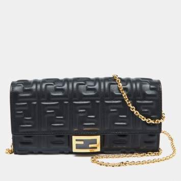 Pre Owned Fendi Black Zucca Embossed Leather Baguette Wallet on Chain