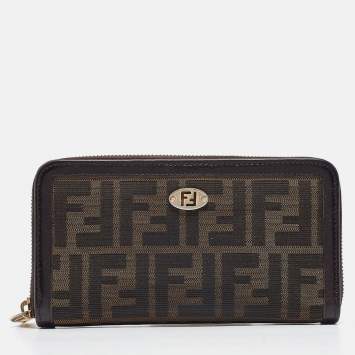 Pre Owned Fendi Tobacco Zucca Canvas and Leather FF Zip Around Wallet