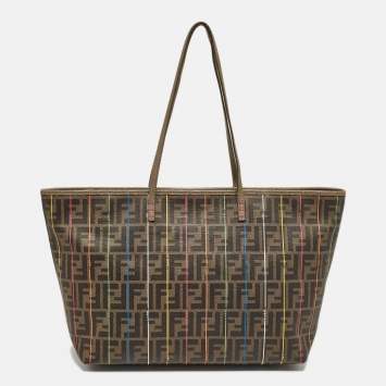 Pre Owned Fendi Tobacco Zucca Coated Canvas Stripe Roll Tote