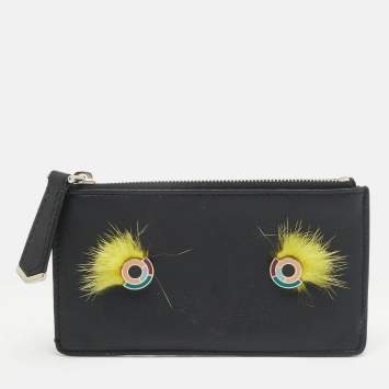 Pre Owned Fendi Black Leather and Mink Fur Monster Eyes Zip Card Holder