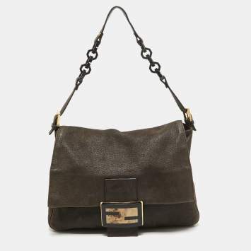 Pre Owned Fendi Dark Brown Nubuck Shimmer Leather Mama Forever Shoulder Bag