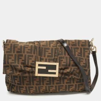 Pre Owned Fendi Brown Zucca Canvas and Patent Leather Mia Flap Shoulder Bag