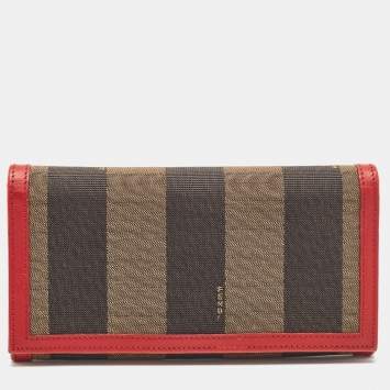 Pre Owned Fendi Red/Brown Stripe Canvas and Leather Flap Continental Wallet