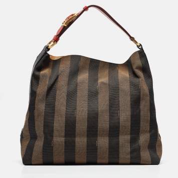 Pre Owned Fendi Tobacco/Red Canvas and Leather Large Pequin Striped Hobo