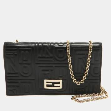 Pre Owned Fendi Black Embossed Leather Wallet On Chain