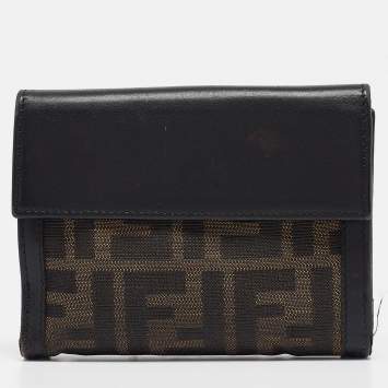 Pre Owned Fendi Black/Tobacco Zucca Canvas and Leather French Wallet