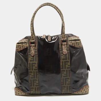 Pre Owned Fendi Black/Beige Coated Fabric Large Mixed Media Satchel