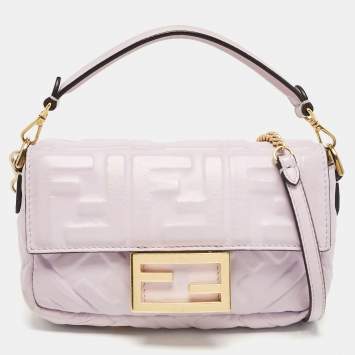 Pre Owned Fendi Lavender FF Logo Embossed Leather Mini Baguette Bag