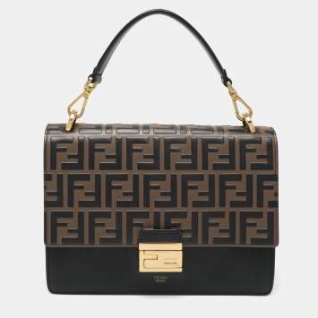 Pre Owned Fendi Black/Brown FF Embossed Leather Kan U Top Handle Bag
