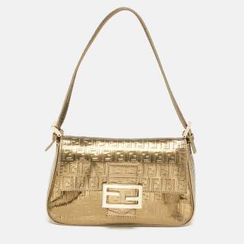 Pre Owned Fendi Gold Zucchino Embossed Leather Mini Mama Baguette Bag