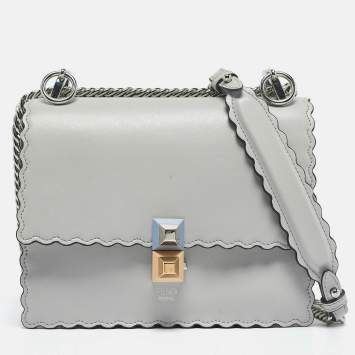 Pre Owned Fendi Light Blue Leather Mini Scalloped Kan I Shoulder Bag
