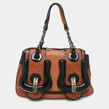Pre Owned Fendi Black/Brown Patent and Leather B Shoulder Bag