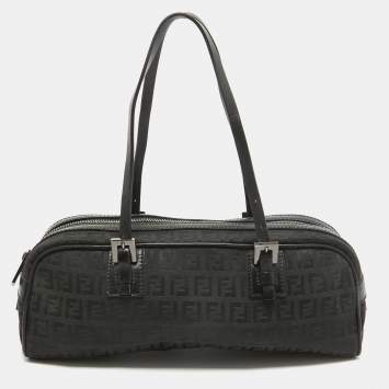 Pre Owned Fendi Black Zuchinno Fabric and Leather Zip Satchel