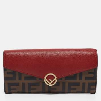 Pre Owned Fendi Red/Brown Zucca Leather F is Fendi Continental Wallet