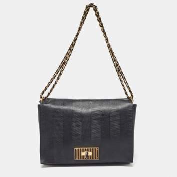 Pre Owned Fendi Black Stripe Embossed Leather Large Claudia Shoulder Bag