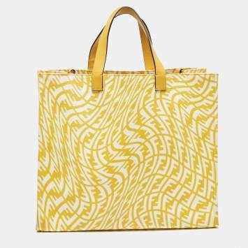 Pre Owned Fendi x Sarah Coleman Yellow FF Vertigo Canvas and Leather Shopper Tote