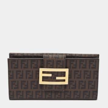 Pre Owned Fendi Dark Brown Zuchinno Coated Canvas Forever Flap Continental Wallet