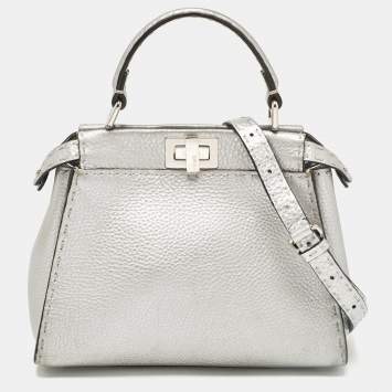 Pre Owned Fendi Silver Selleria Leather Mini Peekaboo Top Handle Bag