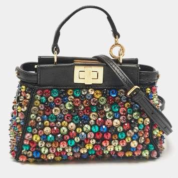 Pre Owned Fendi Black Leather Micro Peekaboo Crystals Crossbody Bag