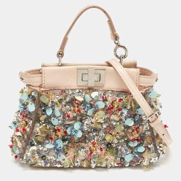 Pre Owned Fendi Beige Leather Micro Peekaboo Embellished Crossbody Bag