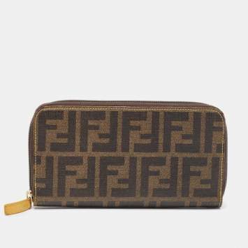 Pre Owned Fendi Tobacco Zucca Coated Canvas Zip Around Continental Wallet