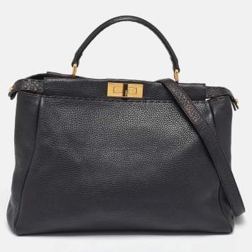 Pre Owned Fendi Black Leather Large Selleria Peekaboo Top Handle Bag