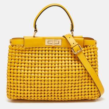Pre Owned Fendi Yellow Woven Leather Medium Peekaboo Top Handle Bag
