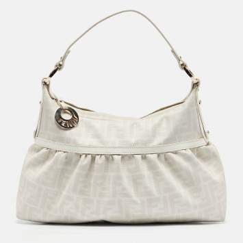 Pre Owned Fendi White Zucca Coated Canvas and Leather Chef Shoulder Bag