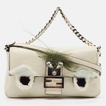 Pre Owned Fendi White Leather and Fur Trim Micro Buggie Baguette Crossbody Bag