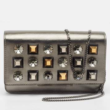 Pre Owned Fendi Metallic Dark Grey Leather Crystal Stud Tube Wallet On Chain