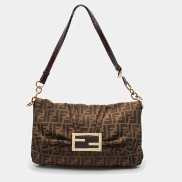 Pre Owned Fendi Tobacco Zucca Canvas and Patent Leather Large Mia Flap Bag