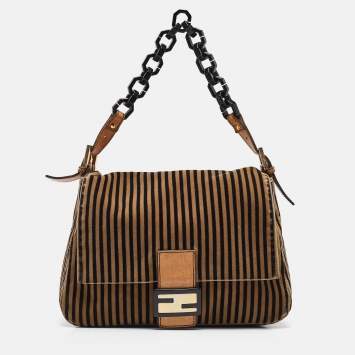 Pre Owned Fendi Brown/Black Stripe Velvet and Leather Mama Shoulder Bag
