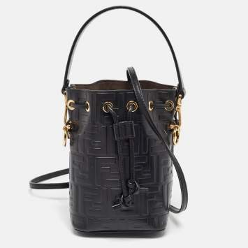 Pre Owned Fendi Black Zucca Leather Mini Mon Tresor Drawstring Bucket Bag