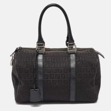 Pre Owned Fendi Black Zucchino Canvas and Leather Forever Bauletto Boston Bag