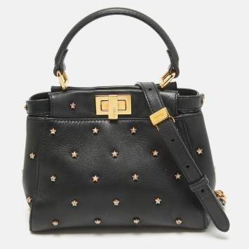 Pre Owned Fendi Black Leather Extra Small Crystal Peekaboo Top Handle Bag