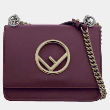 Pre Owned Fendi Maroon Leather Kan F Logo Chain Shoulder Bag 