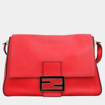 Pre Owned Fendi Red Leather Mamma Baguette Flap Shoulder Bag 