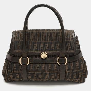 Pre Owned Fendi Brown Pleated FF Zucca Canvas and Leather Satchel