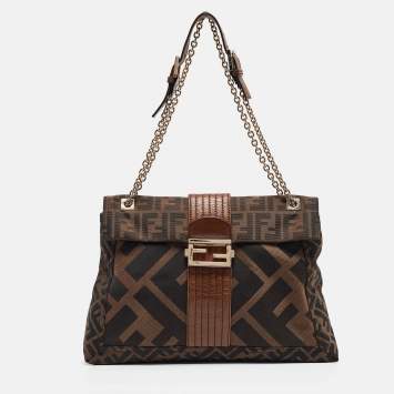 Pre Owned Fendi Tobacco Zucca Canvas and Leather Maxi Baguette Flap Shoulder Bag