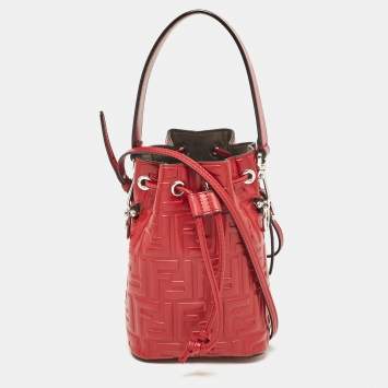 Pre Owned Fendi Red Zucca Leather Mini Mon Tresor Drawstring Bucket Bag