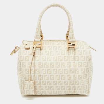 Pre Owned Fendi Beige Zucchino Coated Canvas and Leather Forever Bauletto Boston Bag