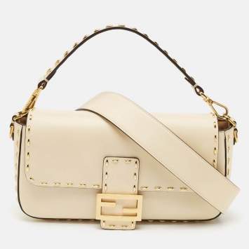 Pre Owned Fendi Beige Leather Metal Stitch Baguette Bag