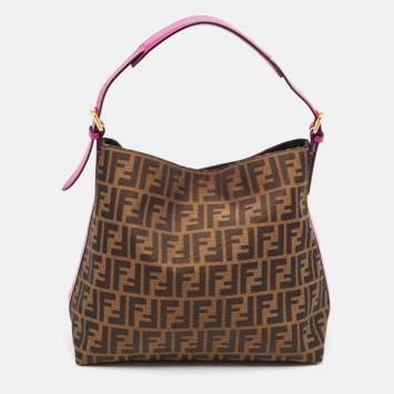 Pre Owned Fendi Tobacco/Pink Zucca Canvas and Leather Piccola Hobo