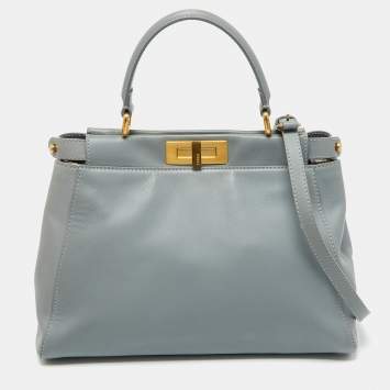 Pre Owned Fendi Light Grey Leather Medium Peekaboo Top Handle Bag