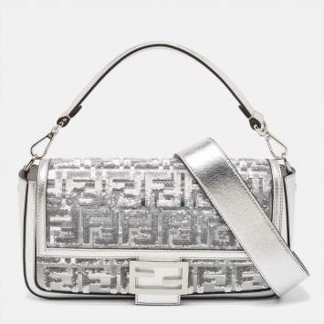 Pre Owned Fendi Silver Zucca Leather, PVC and Sequins Baguette Bag