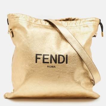 Pre Owned Fendi Gold Leather Logo Drawstring Shoulder Bag